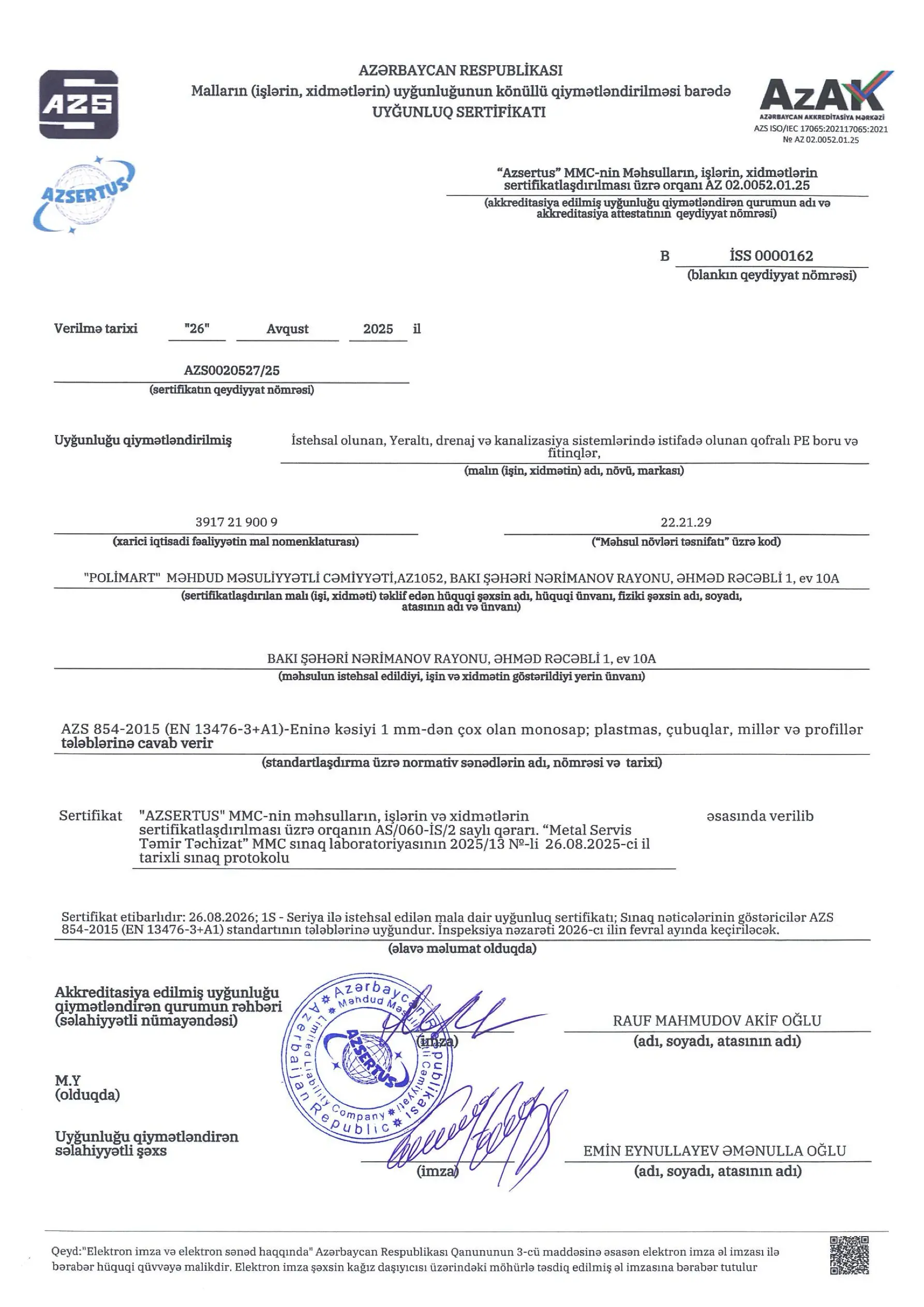 Uyğunluq sertifikatı Korige